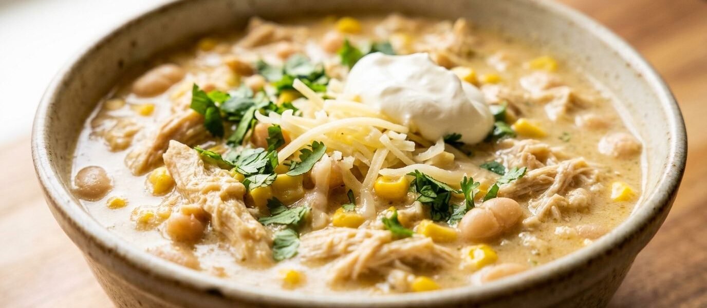 A bowl of creamy White Chicken Chili with shredded chicken, white beans, and green chiles, topped with cilantro and lime