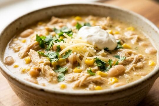 A bowl of creamy White Chicken Chili with shredded chicken, white beans, and green chiles, topped with cilantro and lime
