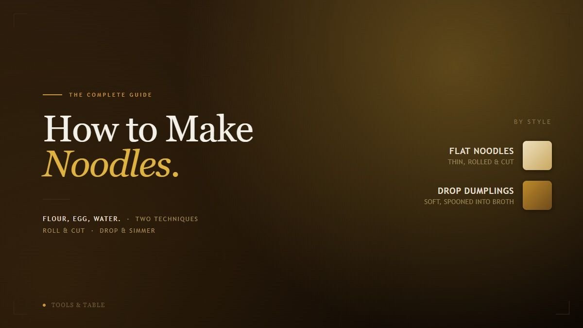 The How to Make Amish Noodles guide cover on a deep warm-brown background, with a By Style swatch list showing pale wheat-gold for flat noodles and richer amber-brown for drop dumplings