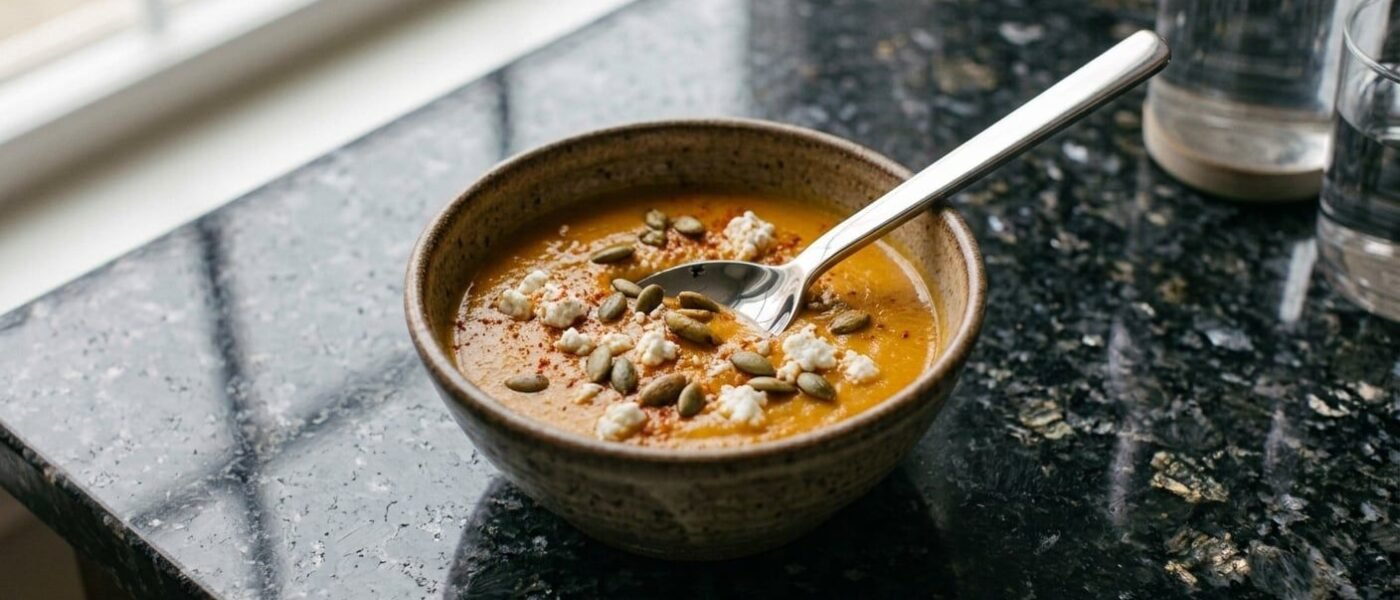 A speckled stoneware bowl of orange butternut squash soup topped with toasted pepitas, crumbled white cheese, and a dusting of red pimentón, a silver spoon resting in it, on a black granite counter by a window with two glasses of water