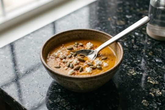 A speckled stoneware bowl of orange butternut squash soup topped with toasted pepitas, crumbled white cheese, and a dusting of red pimentón, a silver spoon resting in it, on a black granite counter by a window with two glasses of water