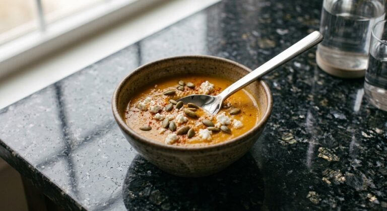 A speckled stoneware bowl of orange butternut squash soup topped with toasted pepitas, crumbled white cheese, and a dusting of red pimentón, a silver spoon resting in it, on a black granite counter by a window with two glasses of water