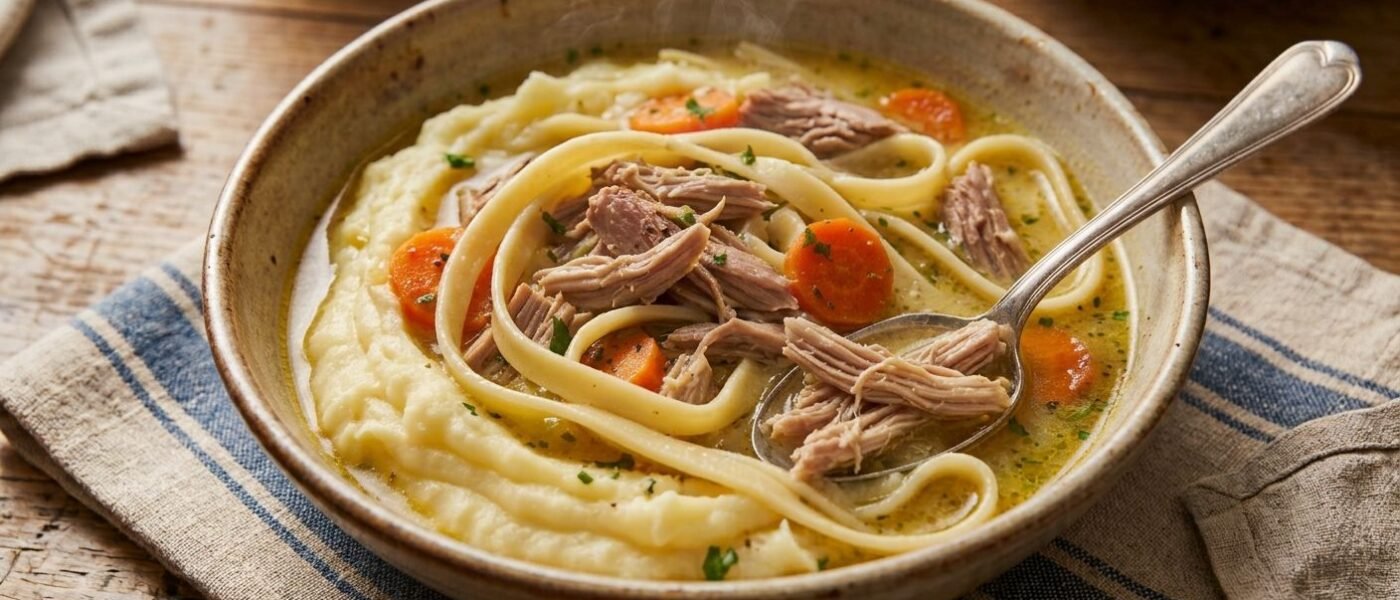 Braised chicken thighs with homemade egg noodles in golden broth, served over creamy mashed potatoes in a rustic ceramic bowl with a spoon