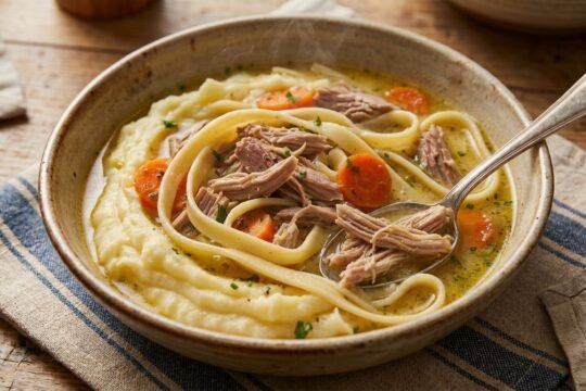 Braised chicken thighs with homemade egg noodles in golden broth, served over creamy mashed potatoes in a rustic ceramic bowl with a spoon