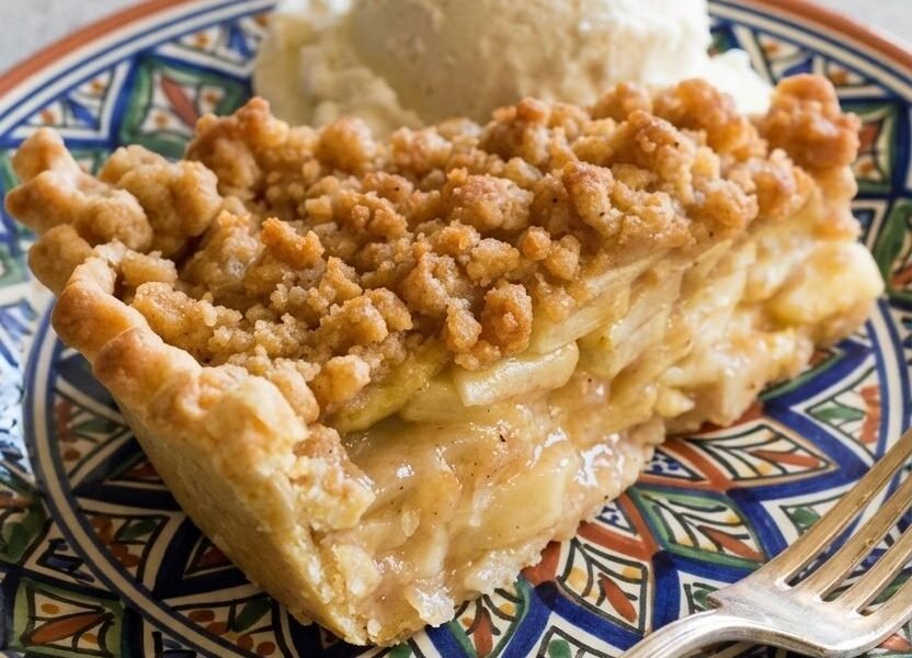 A slice of Dutch apple pie with a golden crumb topping and glossy cinnamon-apple filling, served with a scoop of vanilla ice cream on a decorative plate
