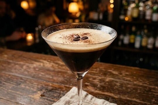 An Espresso Martini in a martini glass with a thick pale foam dusted with cocoa and topped with three coffee beans, on a worn wooden bar with shelves of bottles softly lit behind it