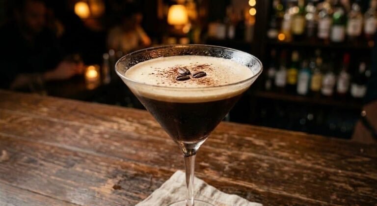 An Espresso Martini in a martini glass with a thick pale foam dusted with cocoa and topped with three coffee beans, on a worn wooden bar with shelves of bottles softly lit behind it