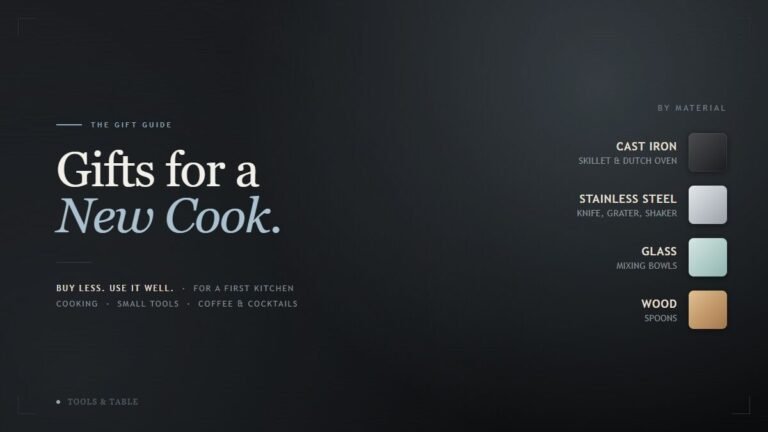 Gifts for a New Cook cover graphic on a dark cast-iron graphite background with a steel-blue accent, listing the materials the tools are made of: cast iron, stainless steel, glass, and wood