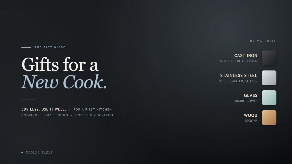 Gifts for a New Cook cover graphic on a dark cast-iron graphite background with a steel-blue accent, listing the materials the tools are made of: cast iron, stainless steel, glass, and wood