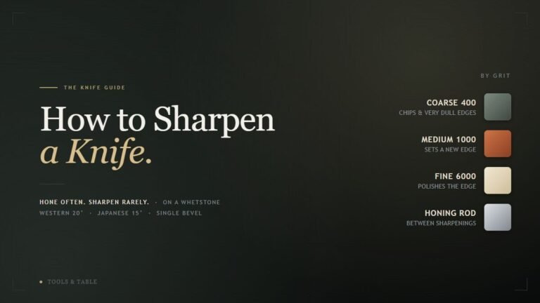 How to Sharpen a Knife cover graphic on a dark wet-slate background with a pale stone accent, listing whetstone grits by color: coarse 400 in grey-green, medium 1000 in brick orange, fine 6000 in cream, and a steel honing rod