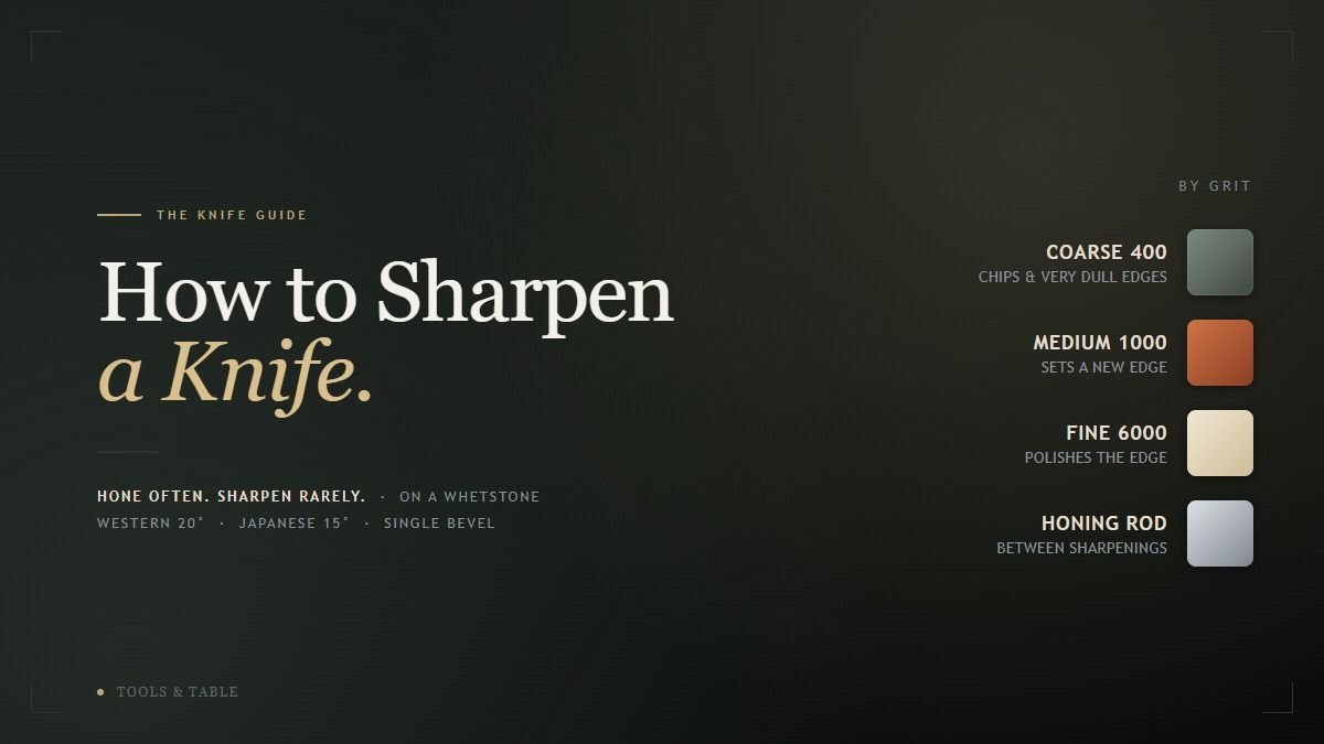 How to Sharpen a Knife cover graphic on a dark wet-slate background with a pale stone accent, listing whetstone grits by color: coarse 400 in grey-green, medium 1000 in brick orange, fine 6000 in cream, and a steel honing rod