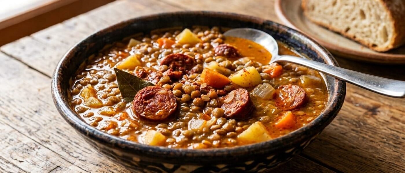 A dark rustic bowl of Spanish lentil stew with sliced chorizo, diced potato, carrot, and a bay leaf in a thick red broth, a spoon resting in the bowl and a loaf of crusty bread on a plate behind it, on a weathered wooden table