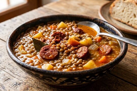 A dark rustic bowl of Spanish lentil stew with sliced chorizo, diced potato, carrot, and a bay leaf in a thick red broth, a spoon resting in the bowl and a loaf of crusty bread on a plate behind it, on a weathered wooden table