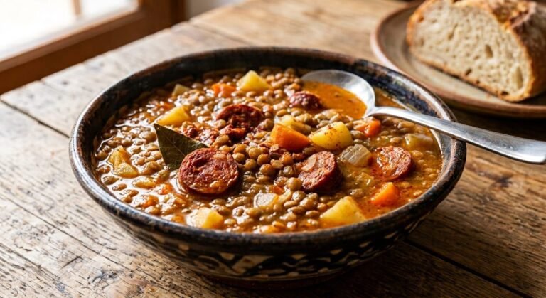 A dark rustic bowl of Spanish lentil stew with sliced chorizo, diced potato, carrot, and a bay leaf in a thick red broth, a spoon resting in the bowl and a loaf of crusty bread on a plate behind it, on a weathered wooden table