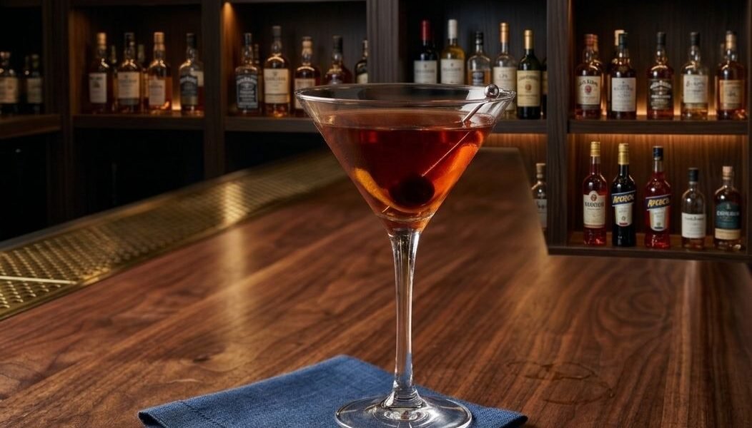 A deep amber Manhattan cocktail in a martini glass, garnished with a brandied cherry and orange twist on a dark wood bar