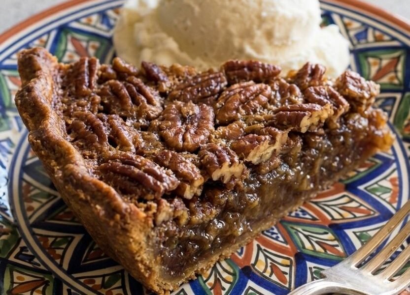 A slice of pecan pie with a glossy caramel filling and whole toasted pecan halves on top, served with a scoop of vanilla ice cream on a decorative plate