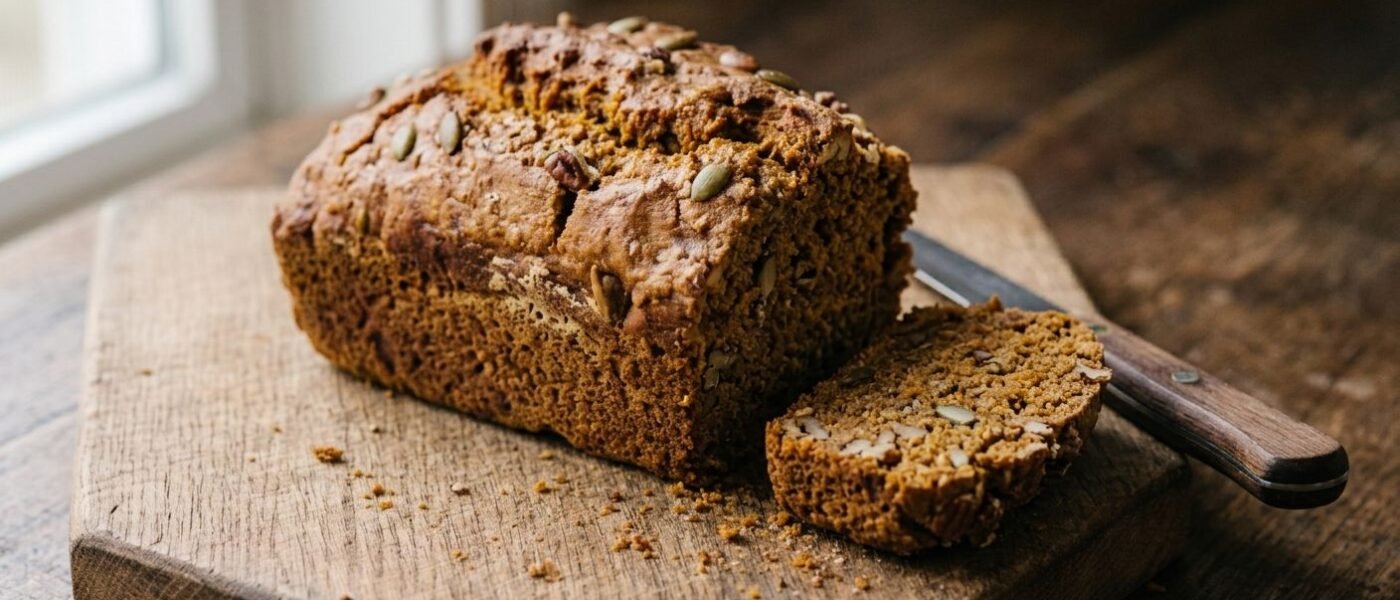 A sliced loaf of moist pumpkin bread topped with pepitas and chopped pecans on a wooden board, showing the deep spiced crumb studded with nuts