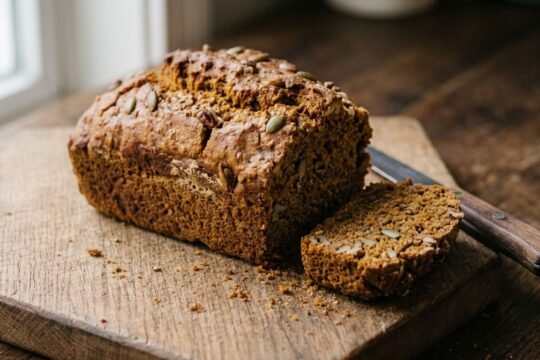 A sliced loaf of moist pumpkin bread topped with pepitas and chopped pecans on a wooden board, showing the deep spiced crumb studded with nuts