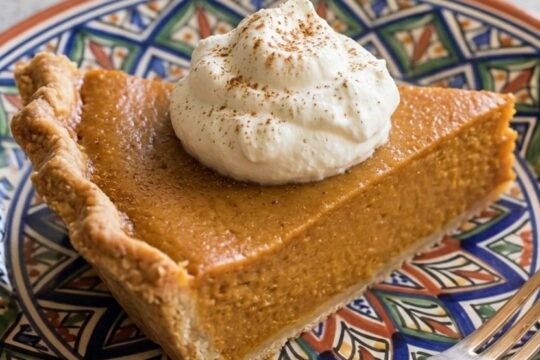 A slice of pumpkin pie with a smooth custard filling, topped with a dollop of whipped cream and a dusting of cinnamon, on a decorative plate