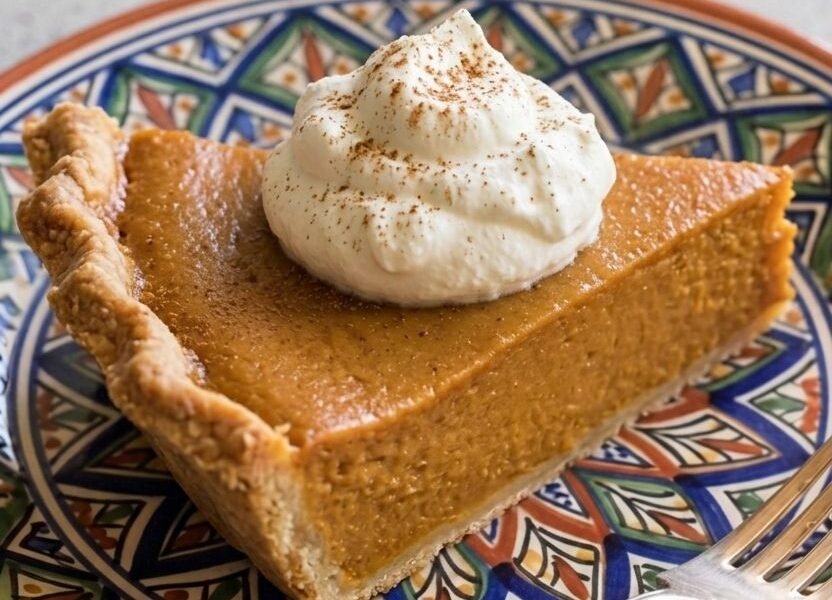 A slice of pumpkin pie with a smooth custard filling, topped with a dollop of whipped cream and a dusting of cinnamon, on a decorative plate