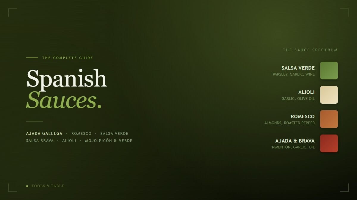 The Spanish Sauces Guide cover graphic on a deep olive-mustard background, with a Sauce Spectrum swatch list running from Salsa Verde's parsley green through Alioli's pale gold to Romesco's rust and Ajada/Brava's pimentón red