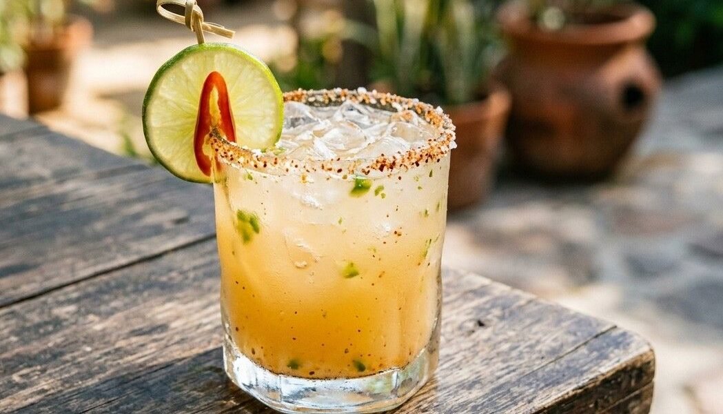 A spicy margarita in a chili-salt-rimmed rocks glass, garnished with a lime wheel and a red chili slice, with muddled jalapeño visible in the drink