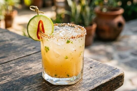 A spicy margarita in a chili-salt-rimmed rocks glass, garnished with a lime wheel and a red chili slice, with muddled jalapeΓ±o visible in the drink