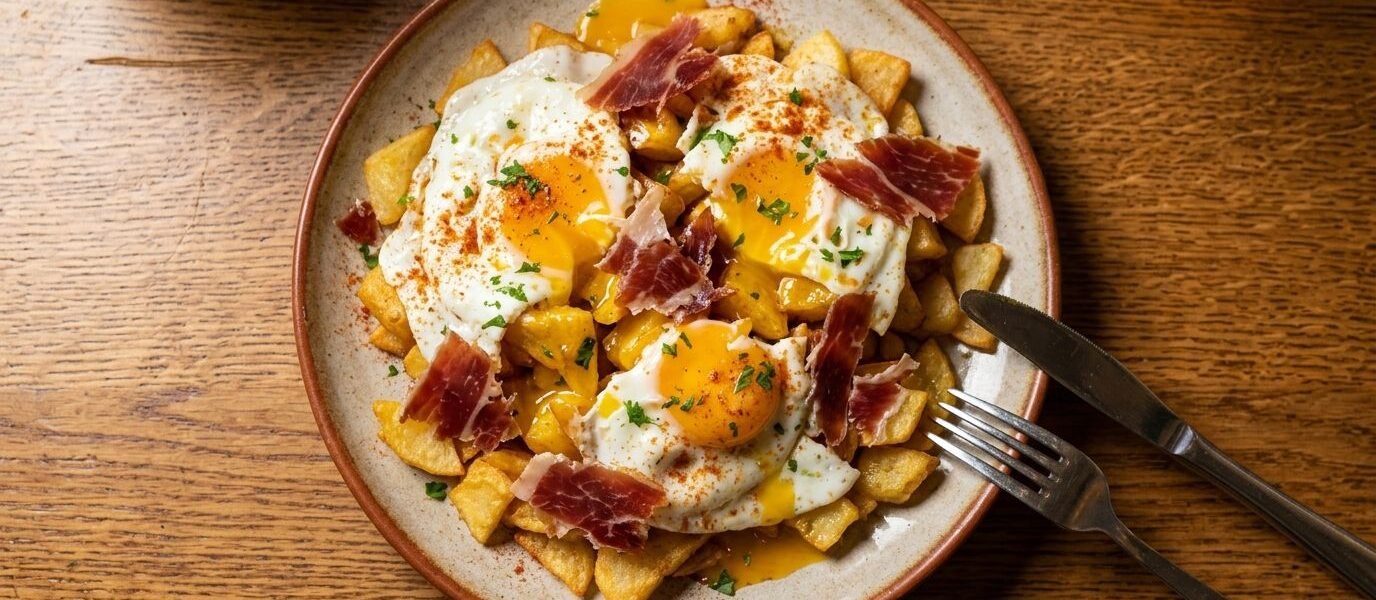 Overhead view of a cream stoneware plate piled with golden fried potato cubes, topped with three fried eggs with runny orange yolks, torn slices of jamón serrano, a dusting of red pimentón, and chopped parsley, with a fork and knife resting on the plate on a warm wooden table