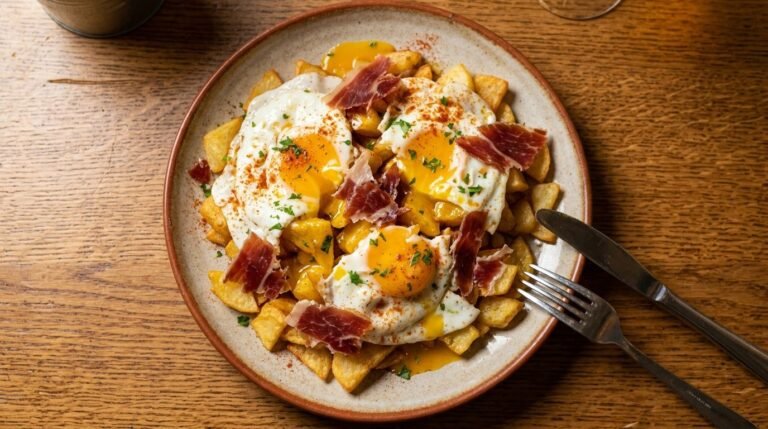 Overhead view of a cream stoneware plate piled with golden fried potato cubes, topped with three fried eggs with runny orange yolks, torn slices of jamón serrano, a dusting of red pimentón, and chopped parsley, with a fork and knife resting on the plate on a warm wooden table