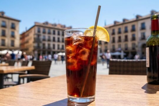 A tall glass of kalimotxo, red wine and cola over ice with a lemon wedge and a metal straw, on a wooden café table in a sunny Spanish plaza, with a bottle of red wine and a can of cola beside it