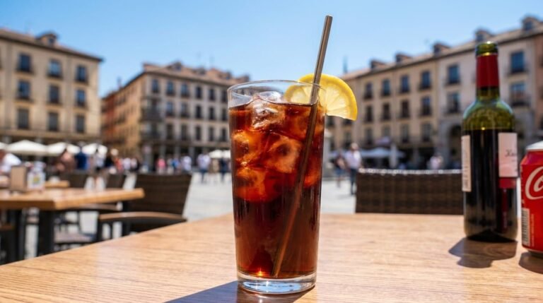 A tall glass of kalimotxo, red wine and cola over ice with a lemon wedge and a metal straw, on a wooden café table in a sunny Spanish plaza, with a bottle of red wine and a can of cola beside it