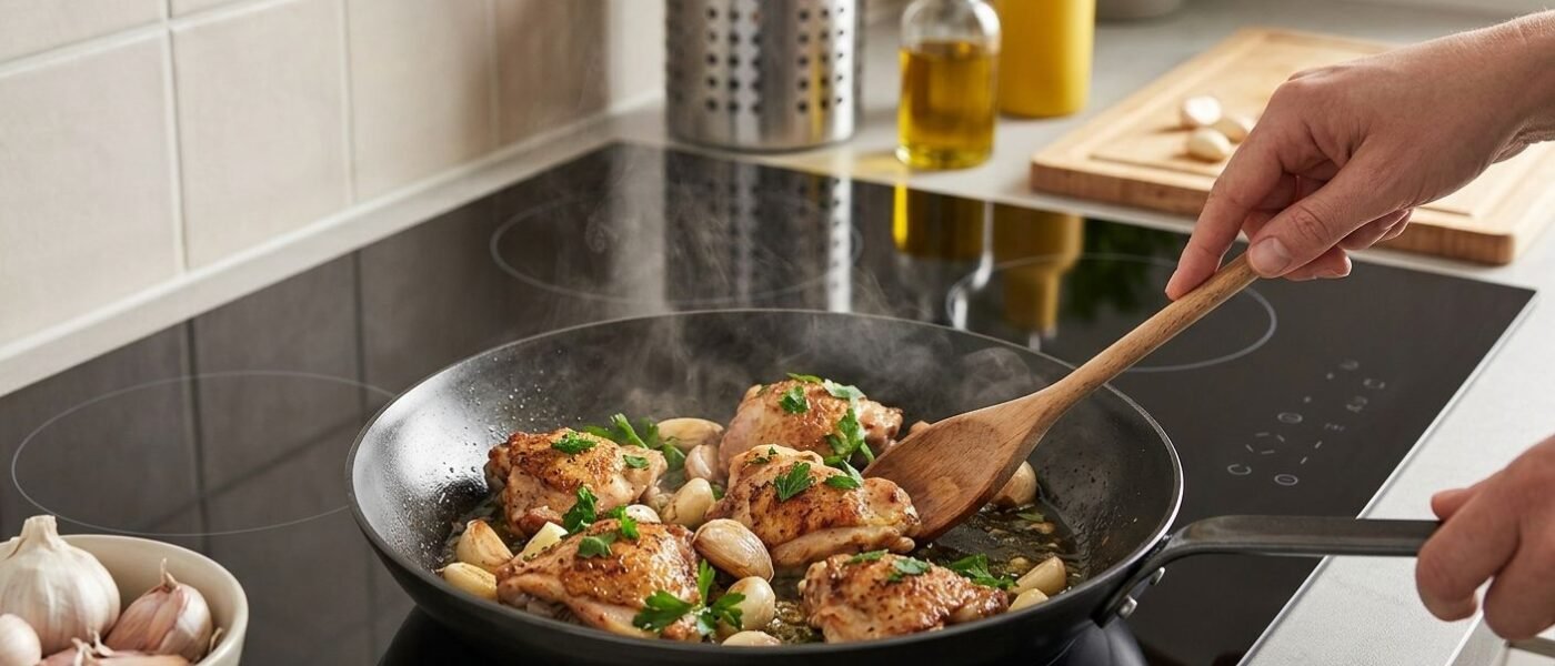 Golden-brown chicken thighs with whole garlic cloves and chopped parsley sizzling in a black skillet on an induction cooktop, a hand stirring with a wooden spoon, a bowl of garlic bulbs and a bottle of olive oil nearby