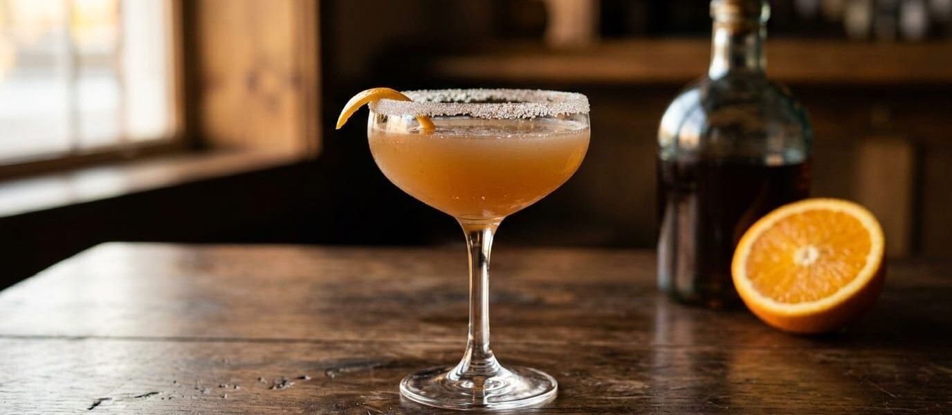 A Sidecar cocktail, pale amber and slightly cloudy, in a stemmed coupe glass with a sugared rim and an orange peel twist, on a dark wooden table in warm window light, with a bottle of brandy and half an orange behind it