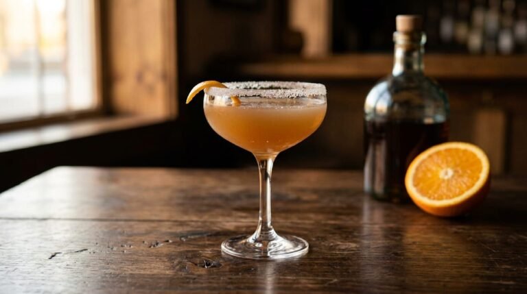 A Sidecar cocktail, pale amber and slightly cloudy, in a stemmed coupe glass with a sugared rim and an orange peel twist, on a dark wooden table in warm window light, with a bottle of brandy and half an orange behind it