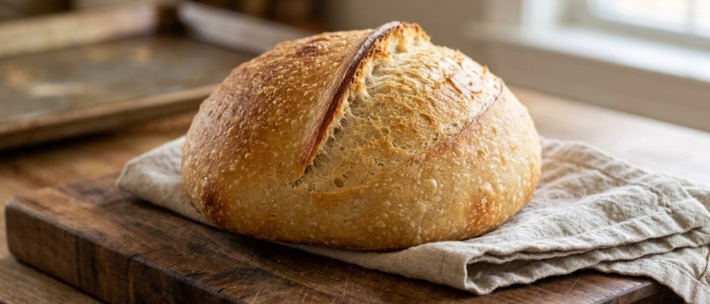 A round, golden-brown loaf with a single deep diagonal score that has burst open to show the crumb, resting on a folded linen towel on a dark wooden cutting board by a sunny window