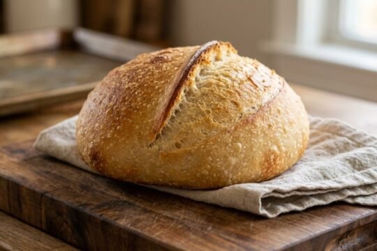 A round, golden-brown loaf with a single deep diagonal score that has burst open to show the crumb, resting on a folded linen towel on a dark wooden cutting board by a sunny window