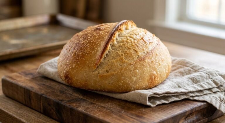 A round, golden-brown loaf with a single deep diagonal score that has burst open to show the crumb, resting on a folded linen towel on a dark wooden cutting board by a sunny window