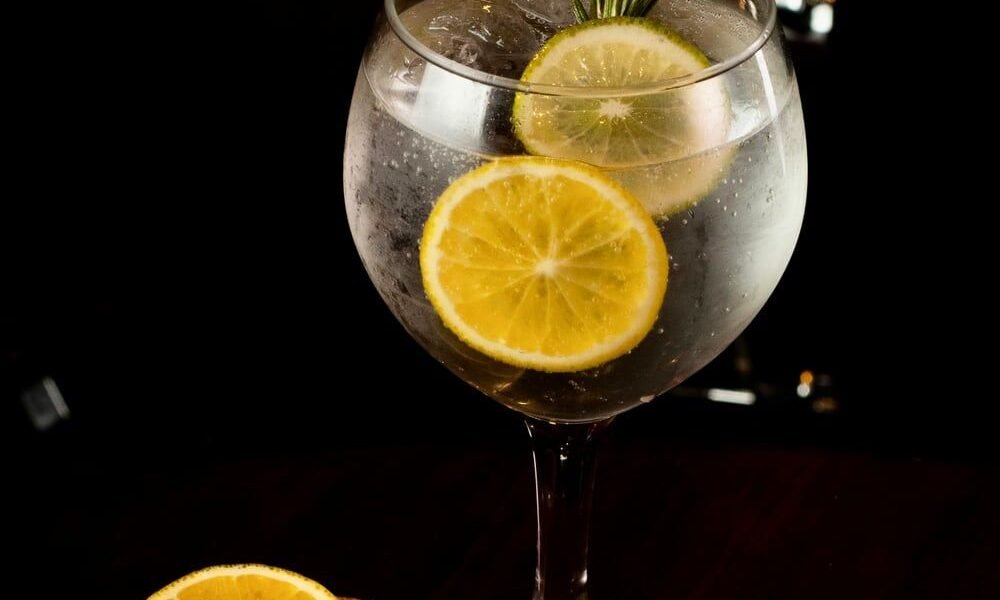A Spanish gin and tonic in a large balloon glass filled with ice, garnished with two lemon wheels and a sprig of rosemary, with a small dish of lemon slices beside it on a dark bar