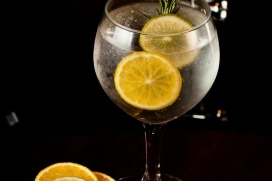 A Spanish gin and tonic in a large balloon glass filled with ice, garnished with two lemon wheels and a sprig of rosemary, with a small dish of lemon slices beside it on a dark bar